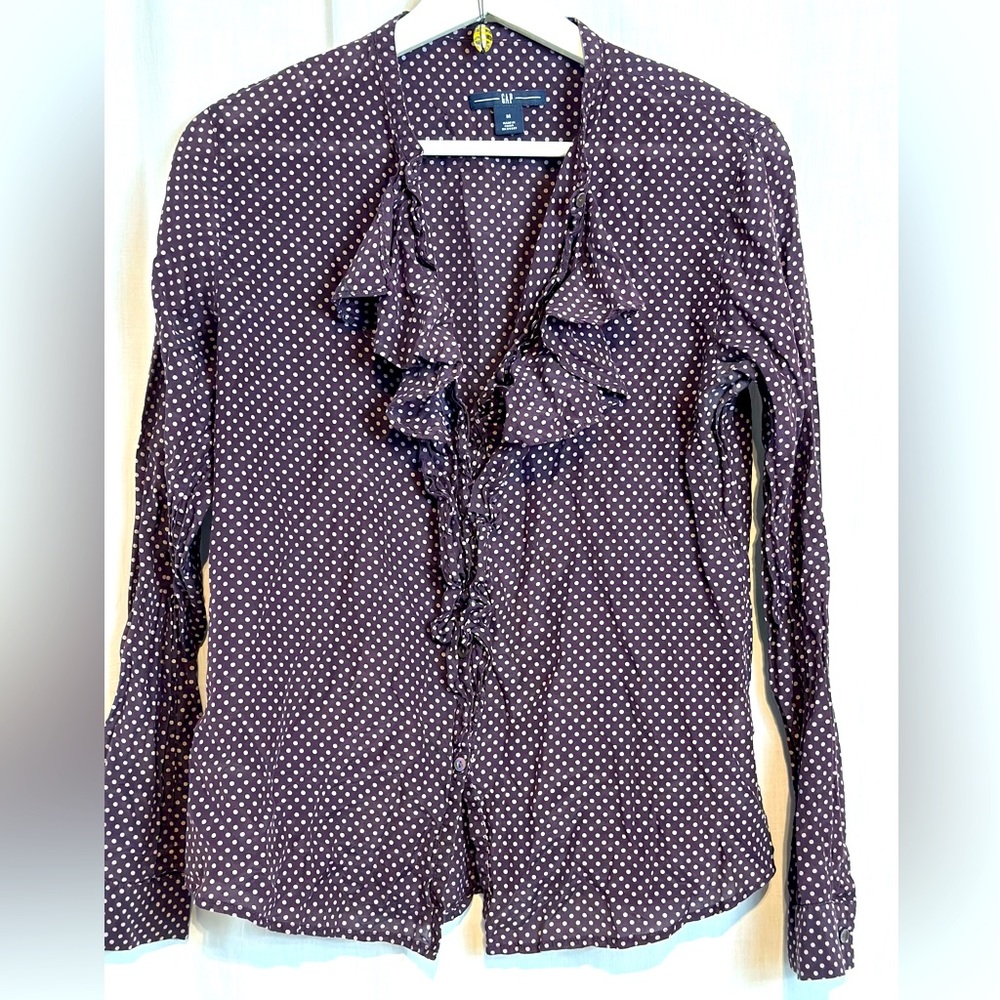 GAP - Women’s Button-Up Blouse TOP Ruffle Sz M SILK/cttn - PURPLE PLUM
